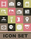 Set Photo camera, frame, retouching, Camera roll cartridge and icon. Vector Royalty Free Stock Photo
