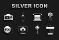 Set Photo camera, Camera photo lens, Softbox light, fx, Empty studio, and Dust blower icon. Vector Royalty Free Stock Photo
