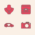 Set Photo camera, Necklace on mannequin, Wedding rings and Limousine car icon. Vector