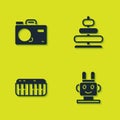 Set Photo camera, Robot toy, Music synthesizer and Pyramid icon. Vector Royalty Free Stock Photo