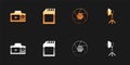 Set Photo camera, SD card, Camera shutter and Softbox light icon. Vector Royalty Free Stock Photo