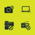 Set Photo camera service, Radio, Video and Laptop icon. Vector
