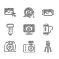 Set Photo camera, Tripod, Camera film roll cartridge, flash, frame and retouching icon. Vector Royalty Free Stock Photo