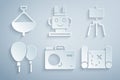 Set Photo camera, Wood easel, Balloons, Pirate treasure map, Robot toy and Whirligig icon. Vector
