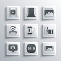 Set Photo frame 16, camera, Camera film roll cartridge, and icon. Vector Royalty Free Stock Photo