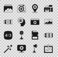 Set Photo frame, Camera photo lens, retouching, shutter, camera, and Movie clapper icon. Vector Royalty Free Stock Photo