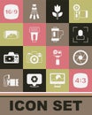 Set Photo frame 4, Camera shutter, focus line, mode macro, camera flash, 16 and film roll cartridge icon. Vector Royalty Free Stock Photo
