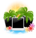 Set photo frame with palms, flowers, seascape back