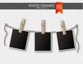 Set of photo frames with clothespin on a transparent background. Vector illustration. Royalty Free Stock Photo