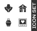 Set Photo frames and hearts, Necklace on mannequin, Wedding cake with and Church building icon. Vector