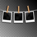 Set of photo frames on the rope with clothespin. Photo frames set on transparent Royalty Free Stock Photo