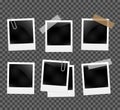 Set of photo frames on the rope with clothespin. Polaroid photo frames set on transparent Royalty Free Stock Photo