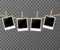 Set of Photo frames on the rope on the transparent background - vector illustration. Blank photos on the clothespin. EPS Royalty Free Stock Photo
