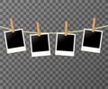 Set of Photo frames on the rope on the transparent background - vector illustration. Blank photos on the clothespin. EPS Royalty Free Stock Photo