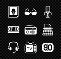 Set Photo, Glasses, Microphone, Headphones, Retro tv, 90s, VHS video cassette tape and Radio with antenna icon. Vector