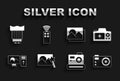 Set Photo retouching, camera, frame, Camera photo lens and Remote control for icon. Vector