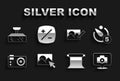 Set Photo retouching, Camera timer, camera, Empty photo studio, Softbox light and Exposure compensation icon. Vector
