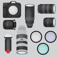 Set of photo studio equipment, camera and optic lenses flat icons Royalty Free Stock Photo