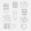 Set of photo studio equipment, camera and optic lenses flat icons Royalty Free Stock Photo