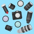 Set of photo studio equipment, camera and optic lenses flat icons Royalty Free Stock Photo