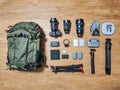 Set of photographer gear with mirrorless camera, lens, tripod, drone and backpack Royalty Free Stock Photo