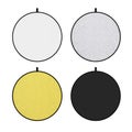 Set of Photograpic White, Silver, Gold and Black Disk Light Reflector Diffuser Screen. 3d Rendering Royalty Free Stock Photo