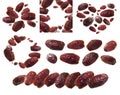 A set of photos. Dried dates levitate on a white background Royalty Free Stock Photo