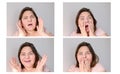 Set of photos of an elderly woman in shock raised her hands, bright emotions on her face, the concept of an surprise, strong Royalty Free Stock Photo