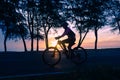 Set of photos of people riding bicycles exercising morning sunrise