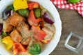 Grilled Chicken Skewers with Vegetables, French Fries and Various Dips - a set of photos showing an entire recipe preparation Royalty Free Stock Photo