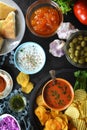 Different Dips and Sauces on Black Background Royalty Free Stock Photo