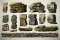 Set of photos, stone walls, tiles, watercolor pictures, illustrations, small and large rocks, beauty, Generative AI