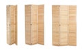 Set with photos of wooden room divider screen on white background