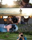Set of photos. Young caucasian man making photo of landscape on seaside, in park and in studio. Royalty Free Stock Photo