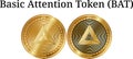 Set of physical golden coin Basic Attention Token BAT, digital cryptocurrency. Basic Attention Token BAT icon set.