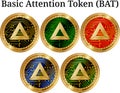 Set of physical golden coin Basic-Attention-Token BAT, digital cryptocurrency. Basic-Attention-Token BAT icon set.