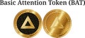 Set of physical golden coin Basic Attention Token BAT, digital cryptocurrency. Basic Attention Token BAT icon set.