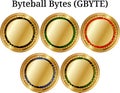 Set of physical golden coin Byteball-Bytes GBYTE, digital cryptocurrency. Byteball-Bytes GBYTE icon set. Royalty Free Stock Photo