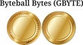 Set of physical golden coin Byteball Bytes GBYTE, digital cryptocurrency. Byteball Bytes GBYTE icon set.