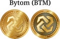 Set of physical golden coin Bytom BTM, digital cryptocurrency. Bytom BTM icon set.