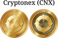 Set of physical golden coin Cryptonex (CNX), digital cryptocurrency. Cryptonex (CNX) icon set.