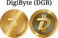 Set of physical golden coin DigiByte (DGB), digital cryptocurrency. DigiByte (DGB) icon set.