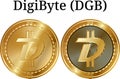 Set of physical golden coin DigiByte DGB, digital cryptocurrency. DigiByte DGB icon set.