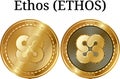 Set of physical golden coin Ethos (ETHOS), digital cryptocurrency. Ethos (ETHOS) icon set.