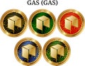 Set of physical golden coin GAS GAS, digital cryptocurrency. GAS GAS icon set.