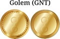 Set of physical golden coin Golem GNT, digital cryptocurrency. Golem GNT icon set.