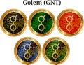 Set of physical golden coin Golem GNT, digital cryptocurrency. Golem GNT icon set.