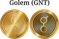 Set of physical golden coin Golem (GNT), digital cryptocurrency. Golem (GNT) icon set.