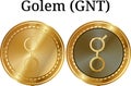 Set of physical golden coin Golem GNT, digital cryptocurrency. Golem GNT icon set.