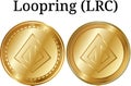 Set of physical golden coin Loopring LRC, digital cryptocurrency. Loopring LRC icon set.